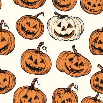 Hand-drawn illustration of Jack-o-Lantern pumpkins with scary, cute and grinning faces for Halloween. This seamless pattern design is perfect for background, digital art, cards and decorations.