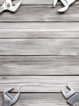 Weathered wooden planks background with metal wrenches partially visible, providing copy space for DIY, construction, or carpentry concepts.