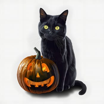 A black cat sits next to a jack-o'-lantern, a classic Halloween image.