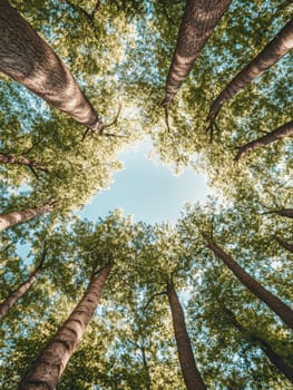 Looking up at majestic tall trees in a lush forest, sunlight filtering through green canopy, showcasing nature's grandeur and tranquility.