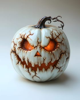 A spooky white jack-o'-lantern with glowing orange eyes and a sinister grin, illuminated against a white backdrop. The pumpkin's cracked surface enhances the creepy atmosphere.