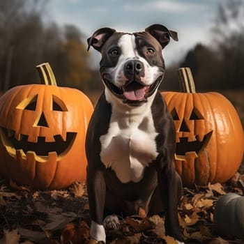 A black and white dog with a happy expression sits in front of two jack o lanterns with a leafy background.