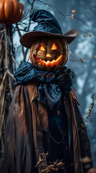 A close-up of a halloween pumpkin scarecrow wearing a blue hat and a brown cloak, with an eerie smile. The scarecrow is standing in a forest setting, adding to the spooky atmosphere.