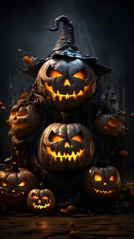 A group of lit jack-o'-lantern pumpkins are piled on top of each other in a dark forest setting. They are all carved with scary faces.