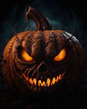 A close up of a creepy jack-o-lantern with a evil grin and glowing eyes. The pumpkin is carved with a scary face and has a dark, shadowy background.