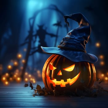 A jack-o'-lantern with a witch's hat sits in a dark forest, glowing with eerie light. The scene evokes a sense of spooky fun and Halloween magic.