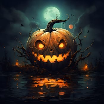 A spooky jack-o-lantern with a menacing smile, illuminated by a full moon, sits in a dark, shadowy forest.