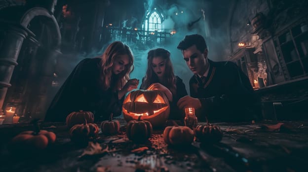 A group of friends gathered around a lit pumpkin, dressed in costumes for a spooky Halloween night.