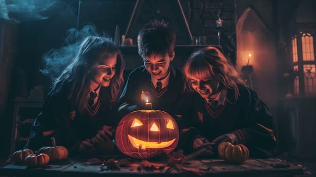 Three friends gather around a lit jack-o-lantern, celebrating Halloween in a dimly lit room with rustic decorations.