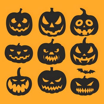 A collection of nine Halloween jack-o-lantern silhouettes on a bright orange background. The pumpkins have various facial expressions, including scary, creepy, cute, and funny. These illustrations are perfect for celebrating Halloween.