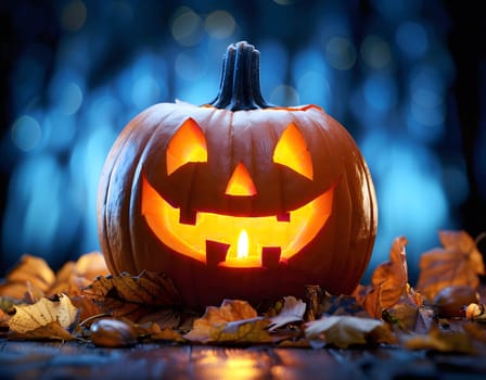 A close-up shot of a glowing jack-o-lantern with a carved smile, surrounded by fallen autumn leaves.