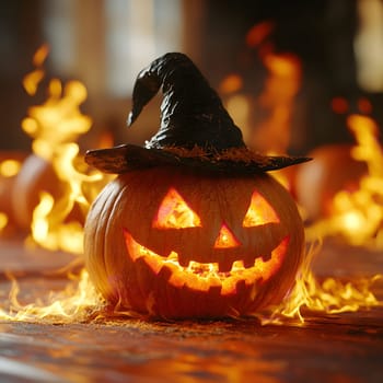 Close-up of a carved pumpkin with a lit candle inside, wearing a witch hat and surrounded by flames.