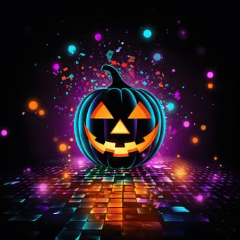 A glowing, neon jack-o'-lantern on a dark background with colorful confetti, ready to celebrate Halloween. The image is perfect for a spooky and festive Halloween party.
