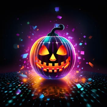 A glowing jack-o'-lantern with confetti against a dark background for Halloween.