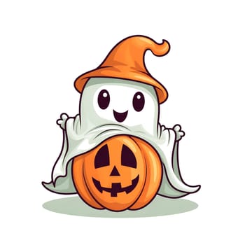 A cheerful cartoon ghost wearing a witch's hat is playfully hiding behind a carved pumpkin. It's the perfect illustration for Halloween!