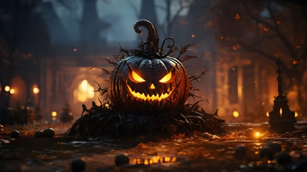 A creepy Jack-o-lantern lit by candles in a dark and spooky forest