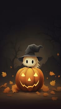 A cute witch wearing a black hat sits inside a glowing jack-o'-lantern against a dark forest background.