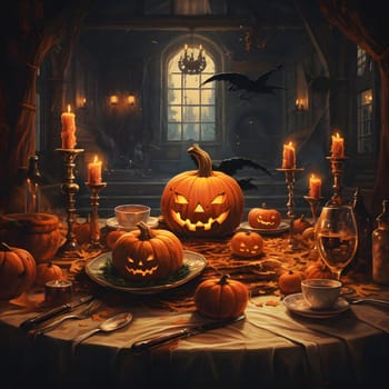A table set with a spooky halloween theme, pumpkins, candles, and other decorations. The atmosphere is dark and mysterious.