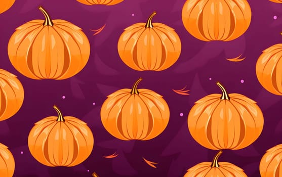 A seamless pattern featuring orange pumpkins on a purple background. Perfect for fall or Halloween decorations.