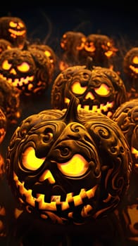 A close-up shot of a carved jack-o-lantern with a menacing grin, glowing with warm candlelight. The pumpkin is adorned with intricate designs, creating a spooky and festive atmosphere.