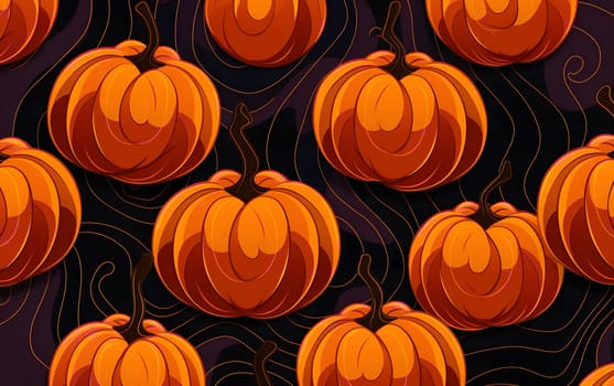 Seamless pattern with orange pumpkins on black background. Illustration of pumpkins, perfect for design, decoration, or as a background for a holiday or seasonal project.