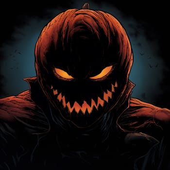 A terrifying pumpkin with an evil grin stares out of the darkness. Its sinister eyes glow with malice.
