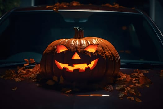 A jack-o'-lantern sits on the hood of a car, glowing ominously in the darkness of a fall night.