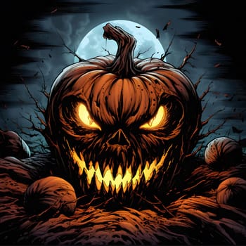A close-up of a menacing jack-o'-lantern with a sinister grin and glowing eyes, set against a dark, eerie backdrop.