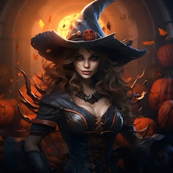 A mysterious witch with a long dark wavy hair and a wide-brimmed hat, dressed in a dark, gothic-style costume, standing against a background of pumpkins.