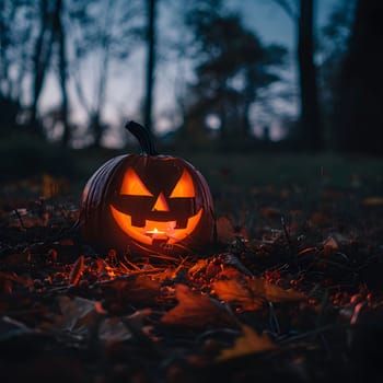 A lit jack-o'-lantern with a spooky grin sits in a dark forest, surrounded by fallen leaves and branches. The warm glow of the candlelight creates an eerie atmosphere.