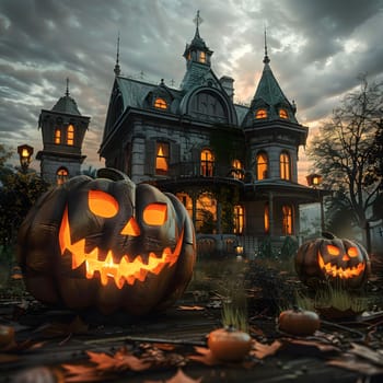 A spooky haunted house with a jack-o'-lantern in the foreground on Halloween night.