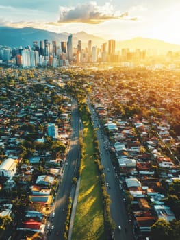 Stunning aerial cityscape showcasing dense urban sprawl transitioning into a modern skyscraper district, bathed in golden sunset light with mountains in the background.