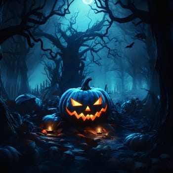 A glowing jack-o-lantern sits in a dark and mysterious forest, surrounded by shadows and eerie trees, creating a spooky Halloween atmosphere.