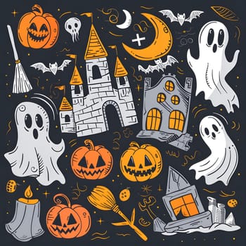 A Halloween themed doodle illustration featuring pumpkins, ghosts, bats, a castle, a house, a broom, a moon, and other spooky elements.