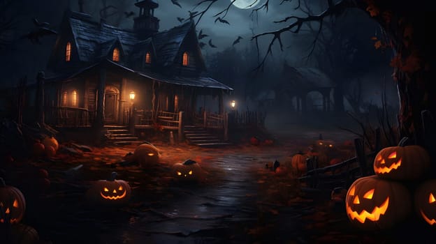 A spooky house with glowing pumpkins in a dark forest on a misty Halloween night.