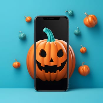A jack-o'-lantern displayed on a smartphone screen surrounded by mini pumpkins.