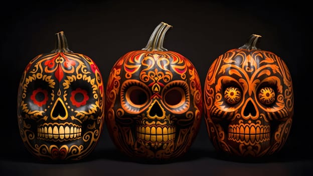 Three pumpkins carved into skull shapes, decorated with vibrant colors and intricate patterns, against a black background.