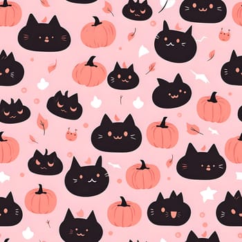 A cute seamless pattern featuring black cats and pumpkins on a pink background. Perfect for Halloween, fall, or any occasion needing a touch of whimsy.