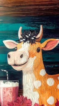 Painting of a cow with black and white spots, enjoying a strawberry milkshake with a straw and pink flowers next to it. The background is composed of brown and blue stripes