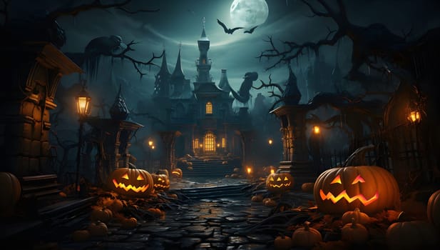 A spooky Halloween scene featuring a haunted house with glowing pumpkins and lanterns, set against a backdrop of dark trees and a full moon.