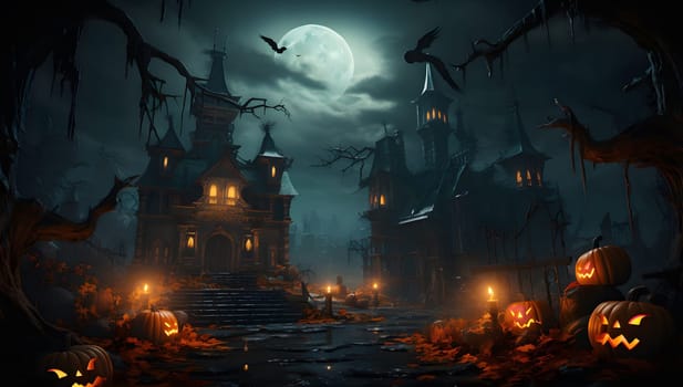 A spooky haunted mansion on Halloween night. The house is lit by the light of the full moon. The scene is filled with creepy decorations and the feeling of anticipation for something ominous.
