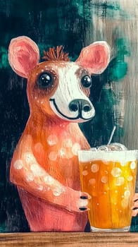Cute animal holding a beer in a lively bar, smiling happily, adding humor to the scene. Perfect for a fun friday night out with friends