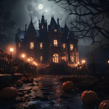 A mysterious and spooky haunted mansion stands under a full moon. The building is illuminated by lanterns, casting long shadows.