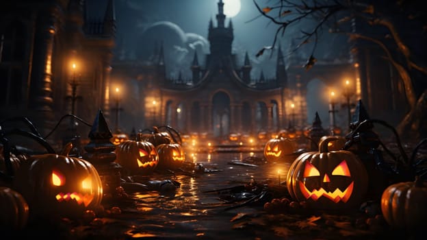 A spooky Halloween scene with Jack-o-Lanterns glowing in the dark, surrounded by a mysterious and eerie castle in the distance.