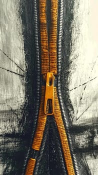Golden zipper teeth are clasped together on a black and white painted canvas, creating an abstract and textured artwork