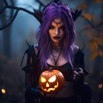 A witch in a costume, holding a lit pumpkin, with spooky makeup, purple hair and a mystical expression
