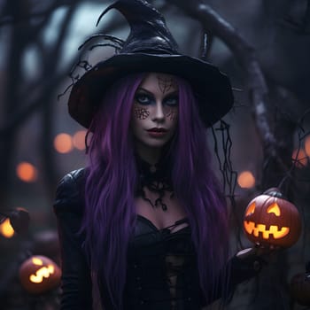 A mysterious witch with purple hair and a black hat stands in the dark forest with a spooky pumpkin in her hand.