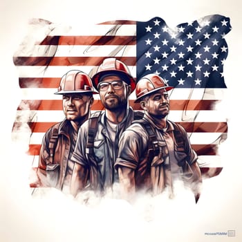 Three construction workers stand in front of the American flag, symbolizing hard work and dedication