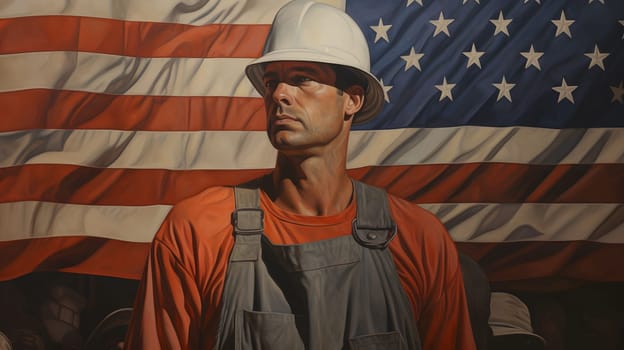 A portrait of an American worker wearing a hard hat and overalls, standing in front of an American flag.