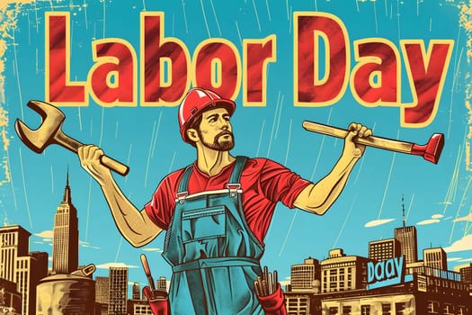 A vintage style poster design celebrating Labor Day featuring a construction worker holding tools in a cityscape background.